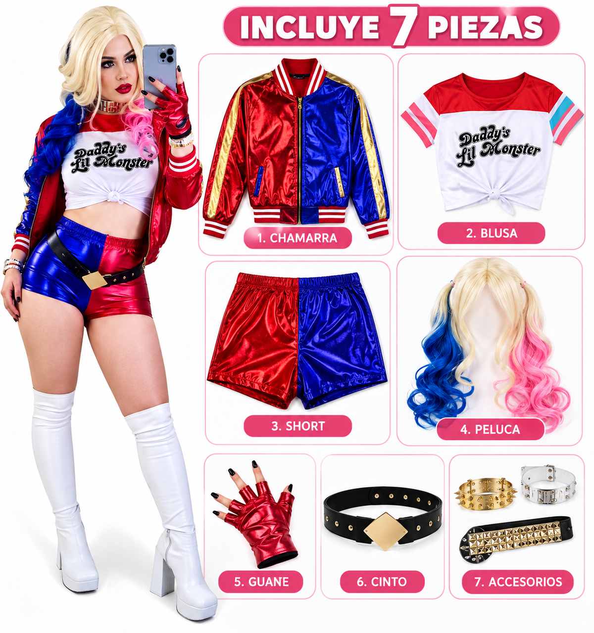 Disfraz femenino estilo Harley Quinn rojo y azul