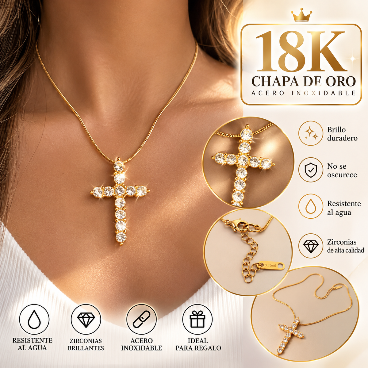 Collar de Cruz con Zirconias Baño de Oro 18K