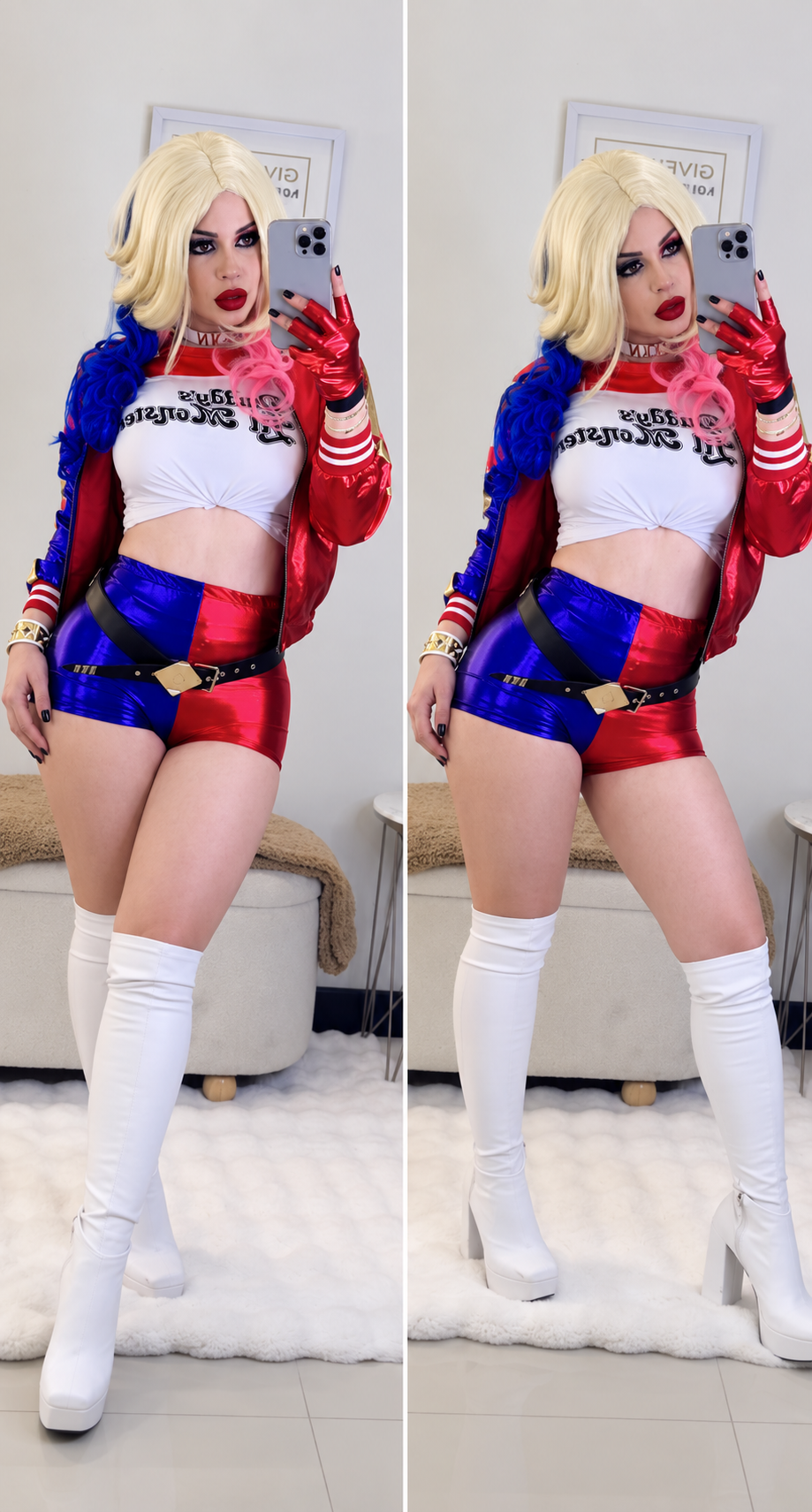 Disfraz femenino estilo Harley Quinn rojo y azul