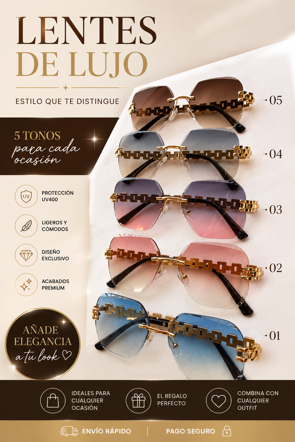 Lentes de Sol de Lujo 5 Tonos Degradados