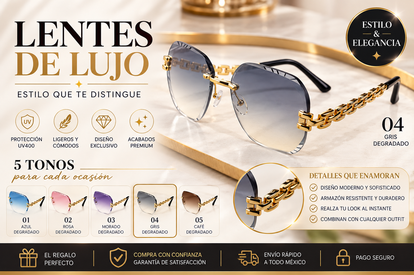Lentes de Sol de Lujo 5 Tonos Degradados